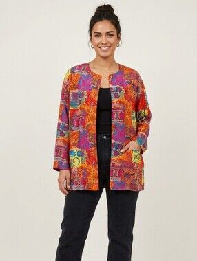 Jaeger Full Color 100% Silk Long Sleeve Front Pocket Blouse Plus Size M